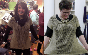 Left: Gail Cardoso models Pause at Eva's Yarn Shop.Right: Norah models Pause at Webs.