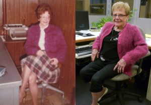 Bev in 1983 & now, wearing the sweater she knit