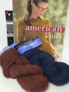 prize includes: copy of New American Knits, Berroco Ultra Alpaca #6280 Mahogany Mix & #6288 Blueberry Mix (1 hank each) and a set of ChiaGoo 6 inch double pointed needles size US 3