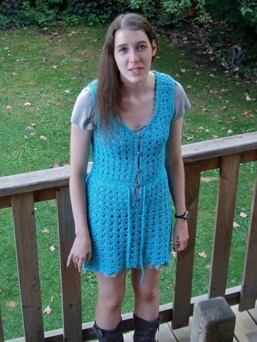 Wendy's first crochet project, modeled by her daughter.