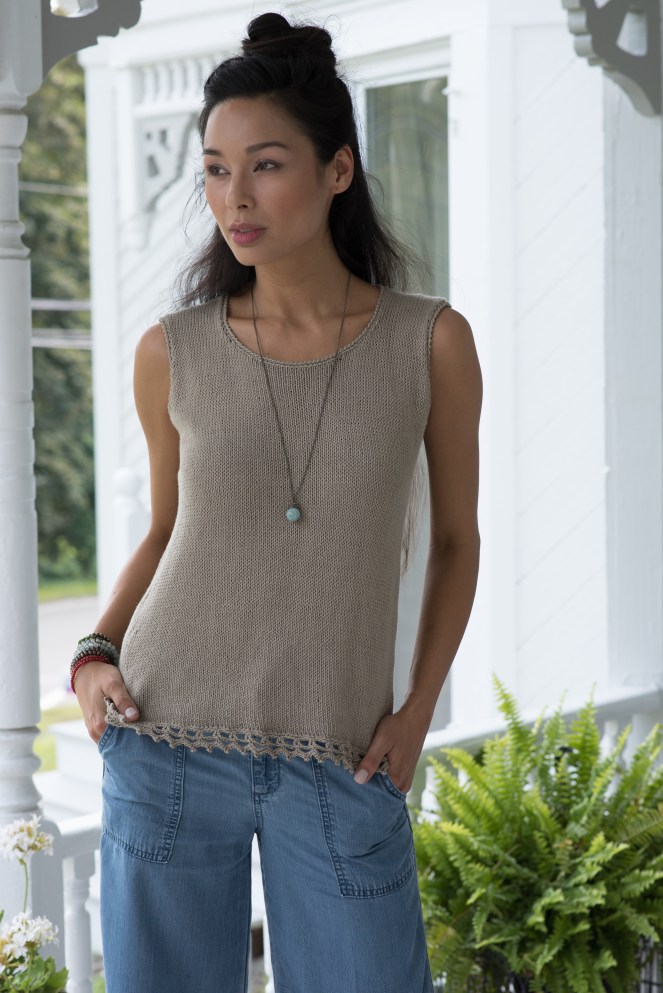 Malaga Tank knitting pattern with crochet edging by Alison Green, in Berroco Modern Cotton DK