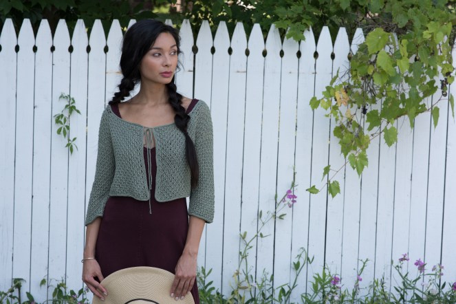 Sweetgrass Shrug knitting pattern by Donna Yacino, knit in Berroco Modern Cotton DK