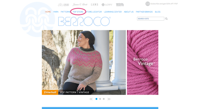 screenshot of berroco.com homepage with PDF store circled