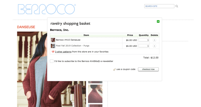 screenshot of berroco shopping cart with two patterns