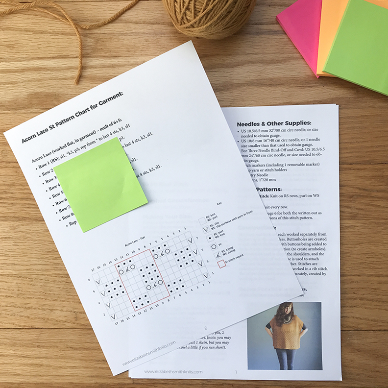 photo of printouts of the Happy Harvest pattern with brightly colored sticky notes