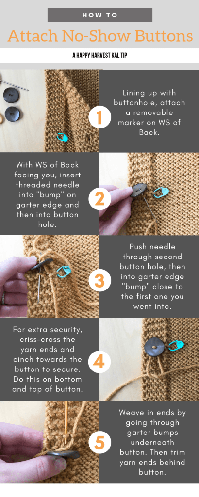 photo tutorial of attaching buttons to the happy harvest poncho